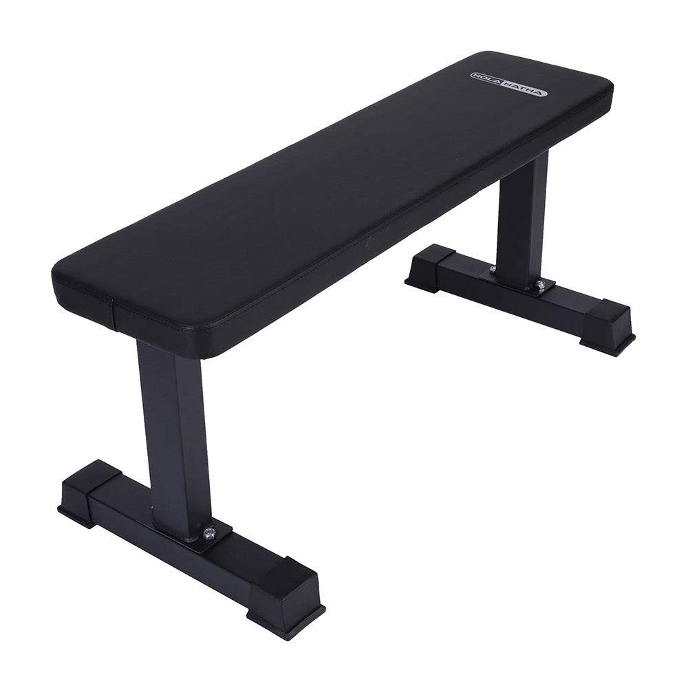 HolaHatha Steel Frame Foam Padded Flat Freeweight Bench for Weight Training, Black