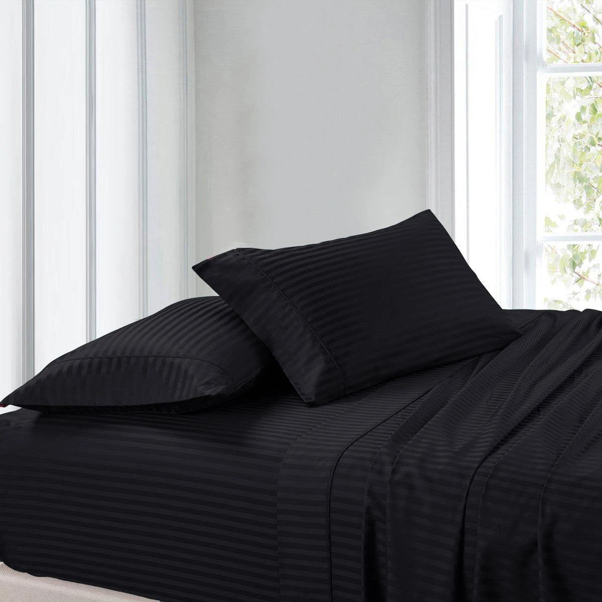 Waterbed Sheets Attached 300TC Striped King/Calking Waterbed / Black