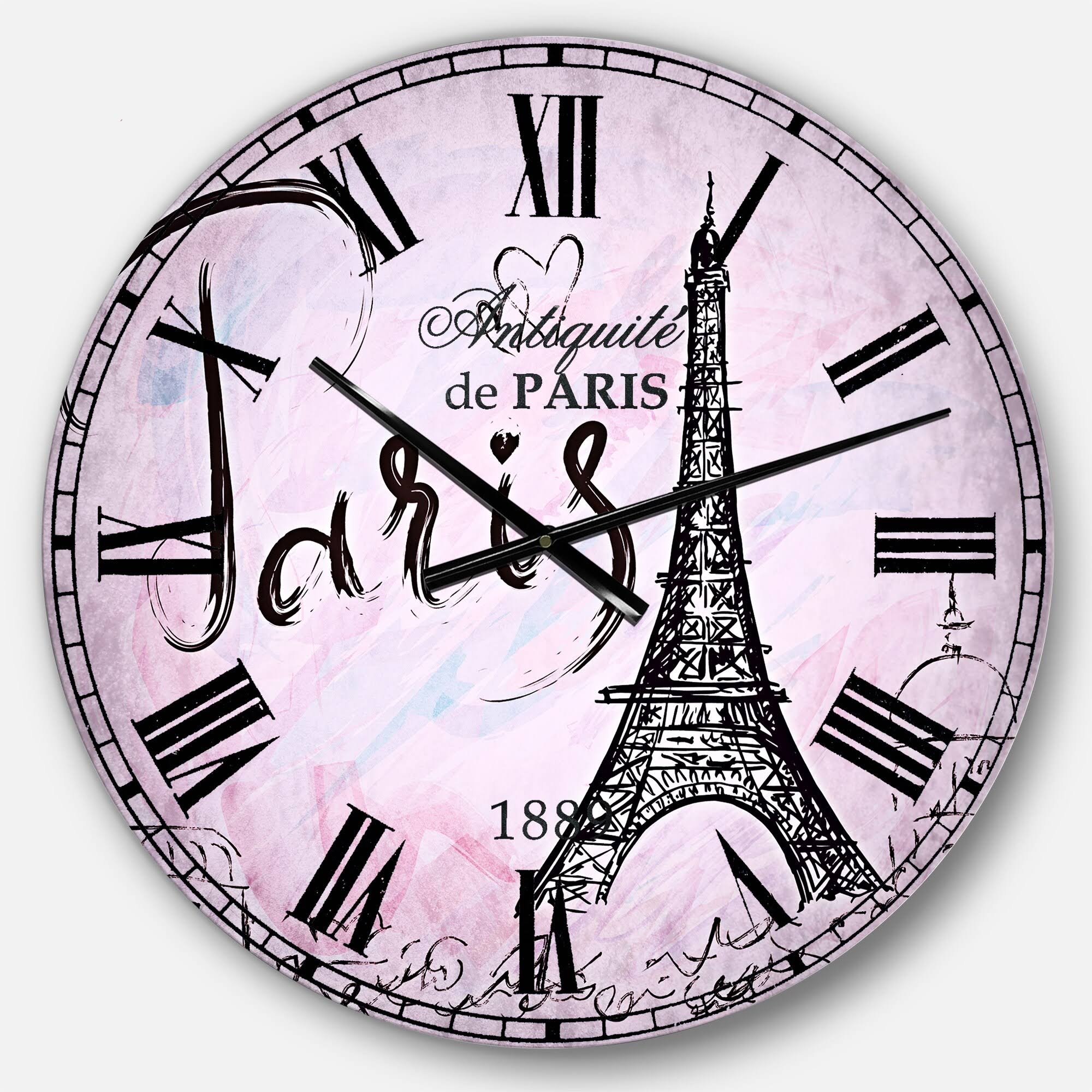Designart &Illustration with Paris Eiffel Tower& Vintage Oversized Wall Clock - 29 in. Wide x 29 in. High