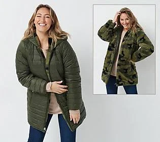 Dennis Basso Reversible Faux Fur and Water Resistant Jackt, Size 3X, Olive/Camo