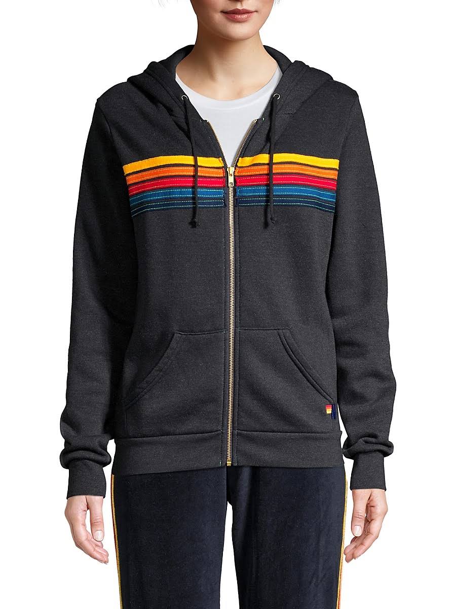 Aviator Nation 5 Stripe Zip Hoodie Charcoal - Medium