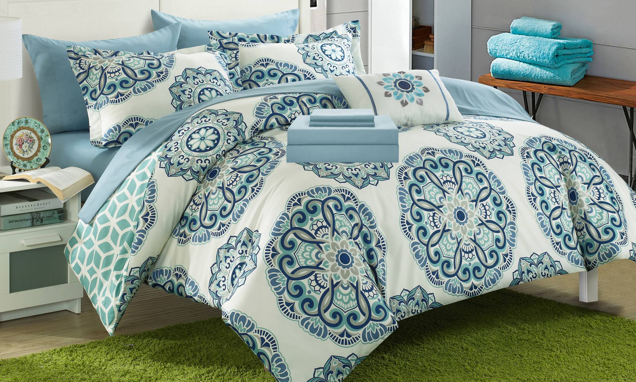 Chic Home 8 or 6 Piece Girona Medallion Reversible Comforter Set Includes Sheets Twin Green
