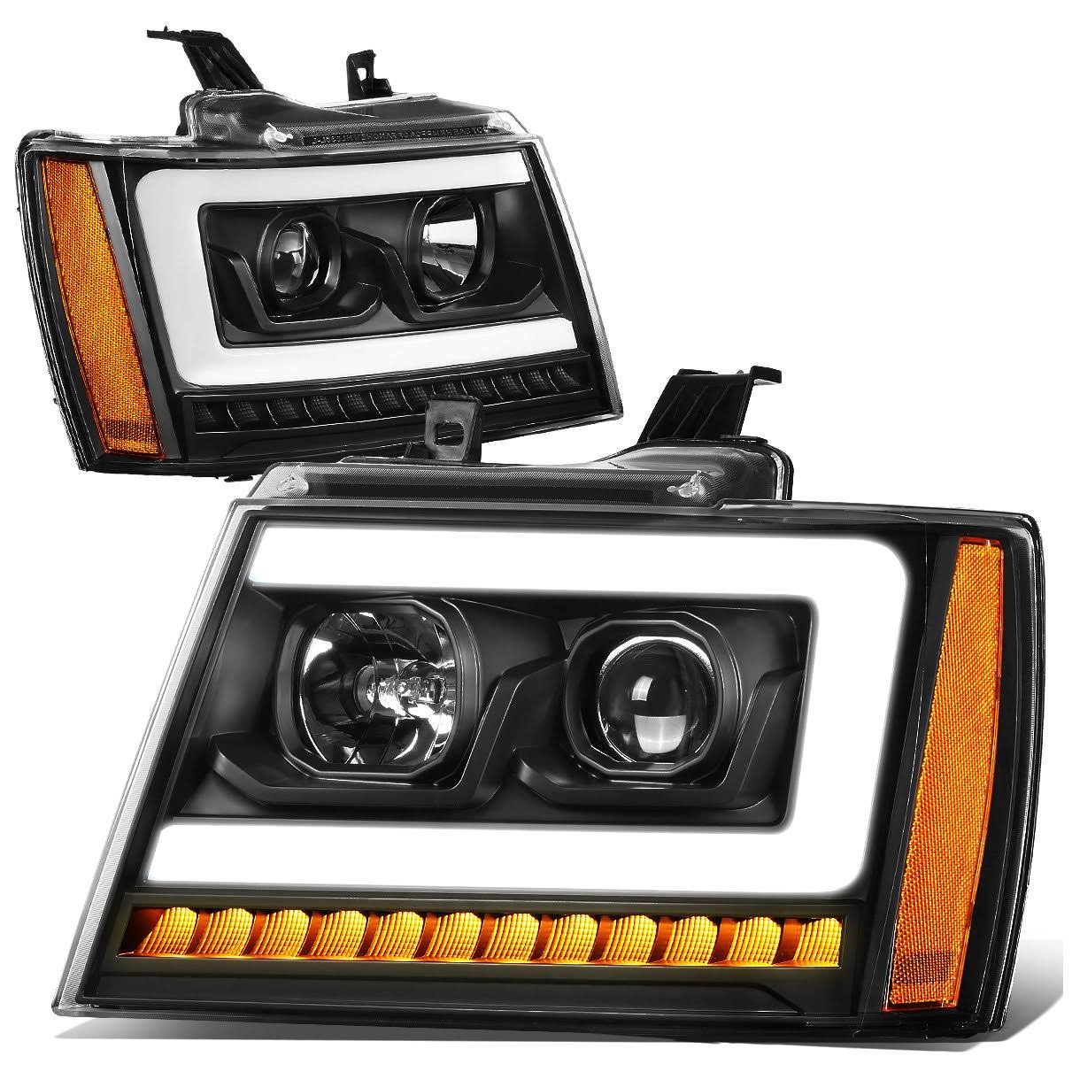 DNA Motoring for 07-14 Chevy Tahoe/Suburban/Avalanche LED DRL+Sequential Turn Signal Projector Headlight Lamps Black Housing Amb