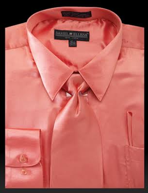 Men's Satin Dress Shirt Regular Fit in Coral with Tie and Pocket Square 16? 36/37 / Coral