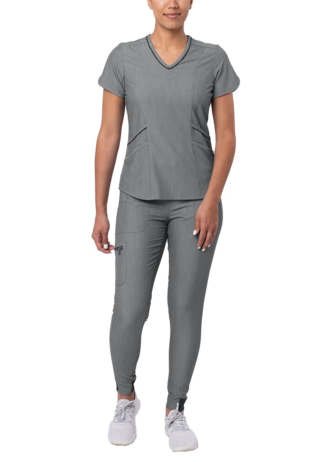 Adar Pro Heather Modern Athletic Scrub Set for Women - Modern V-Neck Scrub Top u0026 Yoga Jogger Scrub Pants - P9500H - Heather