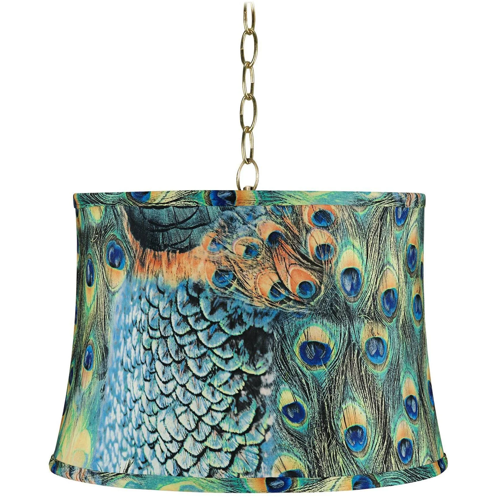 Peacock Print 16x22 Wide Antique Brass Shaded Pendant Light