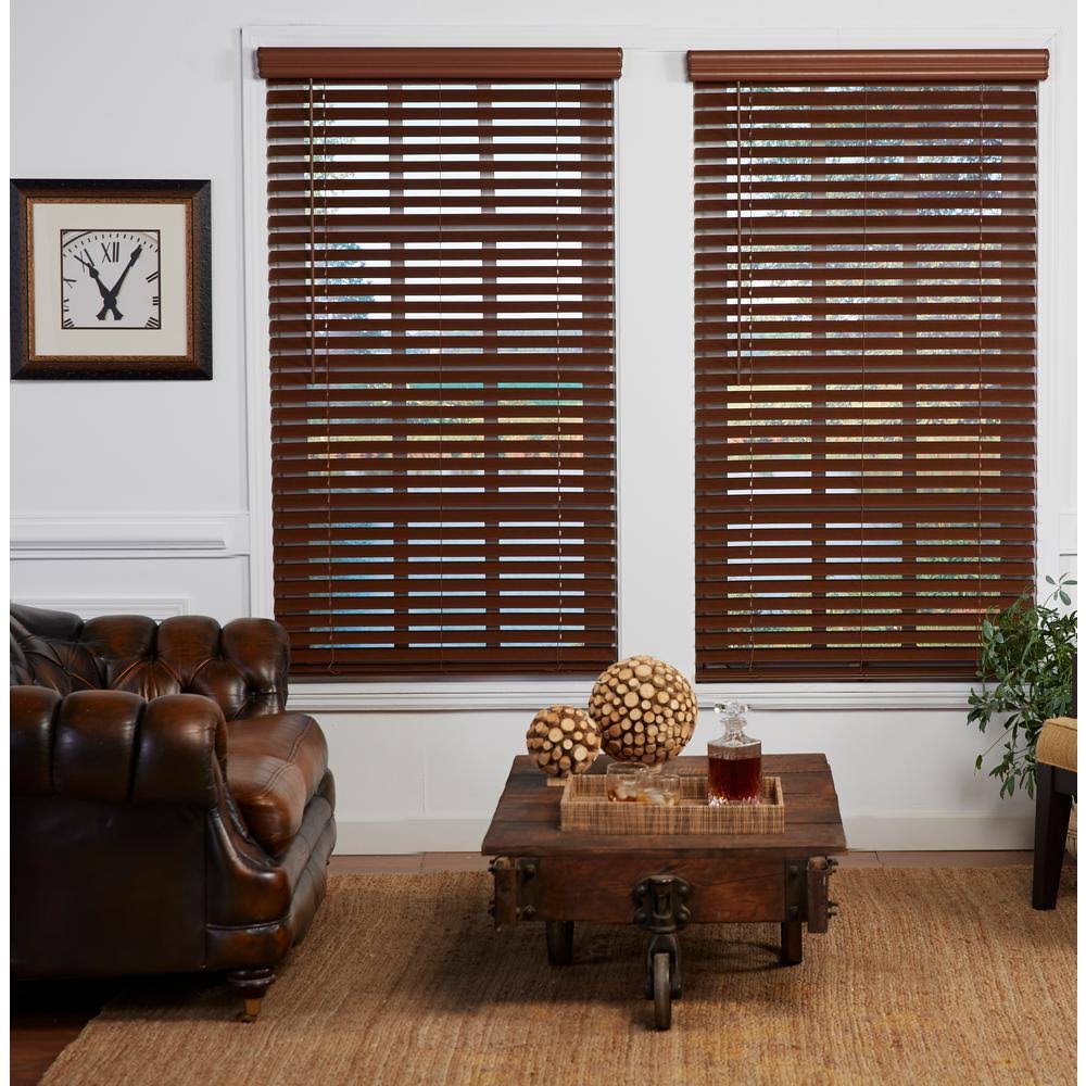 Perfect Lift Window Treatment 41.5X64 in Cordless Faux Wood Blind Room Darkening Window Privacy Shade Dark Oak