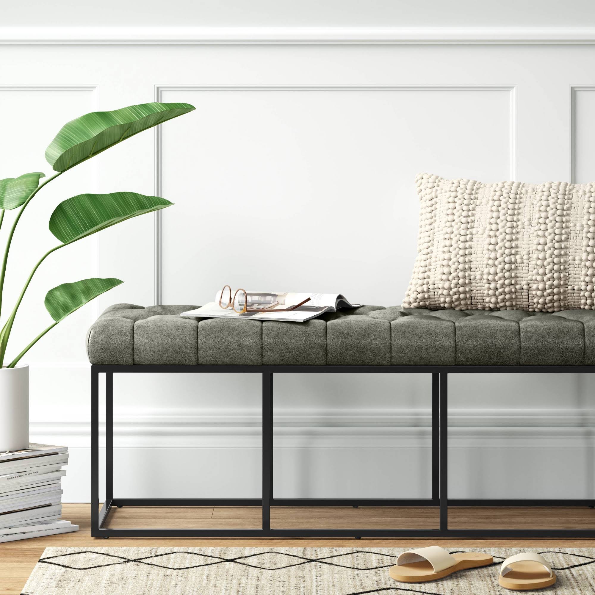 Trubeck Tufted Metal Base Bench Faux Leather Gray/Black - Project 62