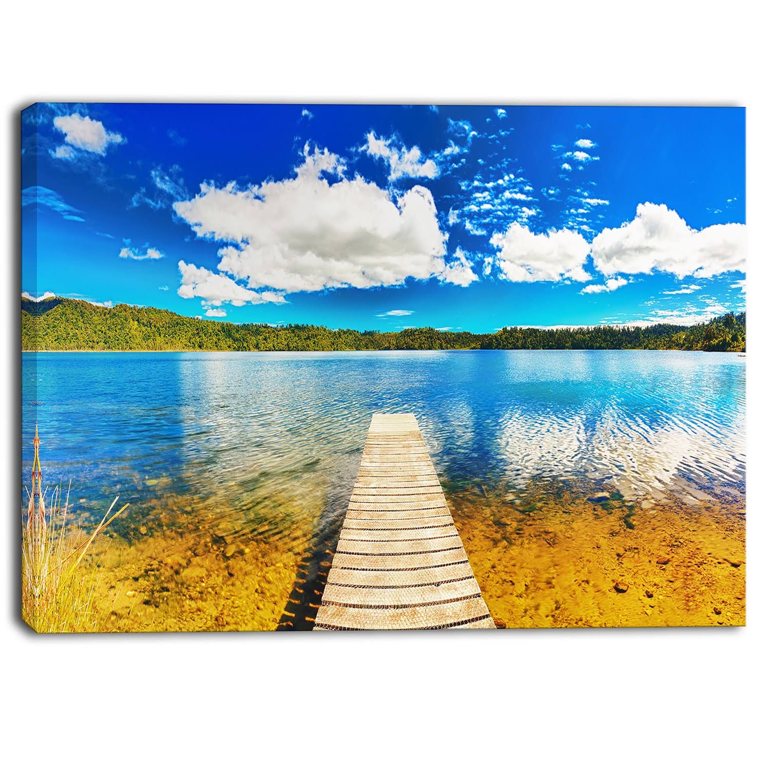 Designart - Lake with Pier Panorama Photography Canvas Art Print - Blue - 20 in. Wide x 12 in. High