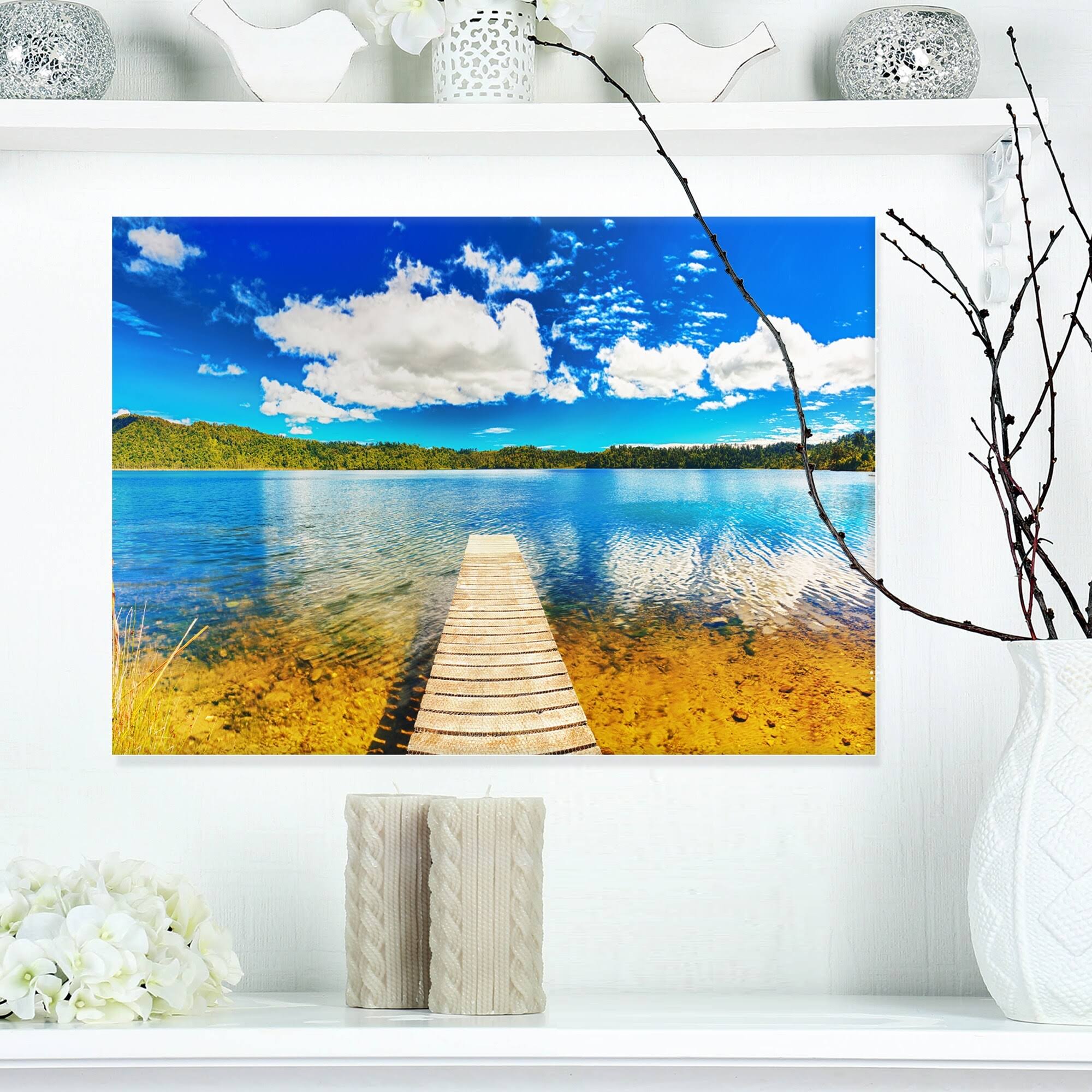 Designart - Lake with Pier Panorama Photography Canvas Art Print - Blue - 20 in. Wide x 12 in. High