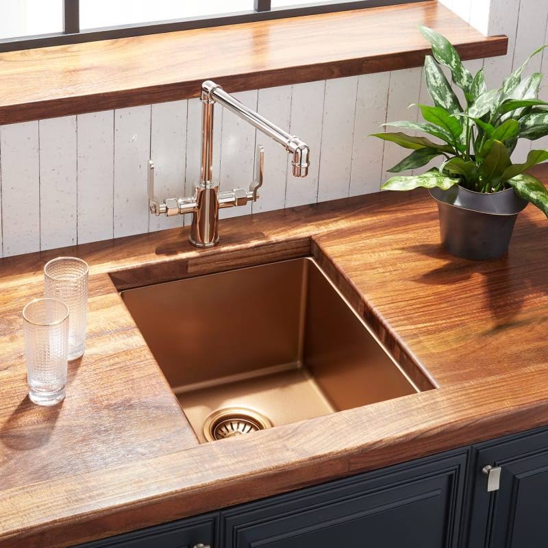 Signature Hardware 944629-15 Atlas 15x22 Undermount Single Basin Stainless Steel Kitchen Sink with Sound Dampening Bronze Fixtur