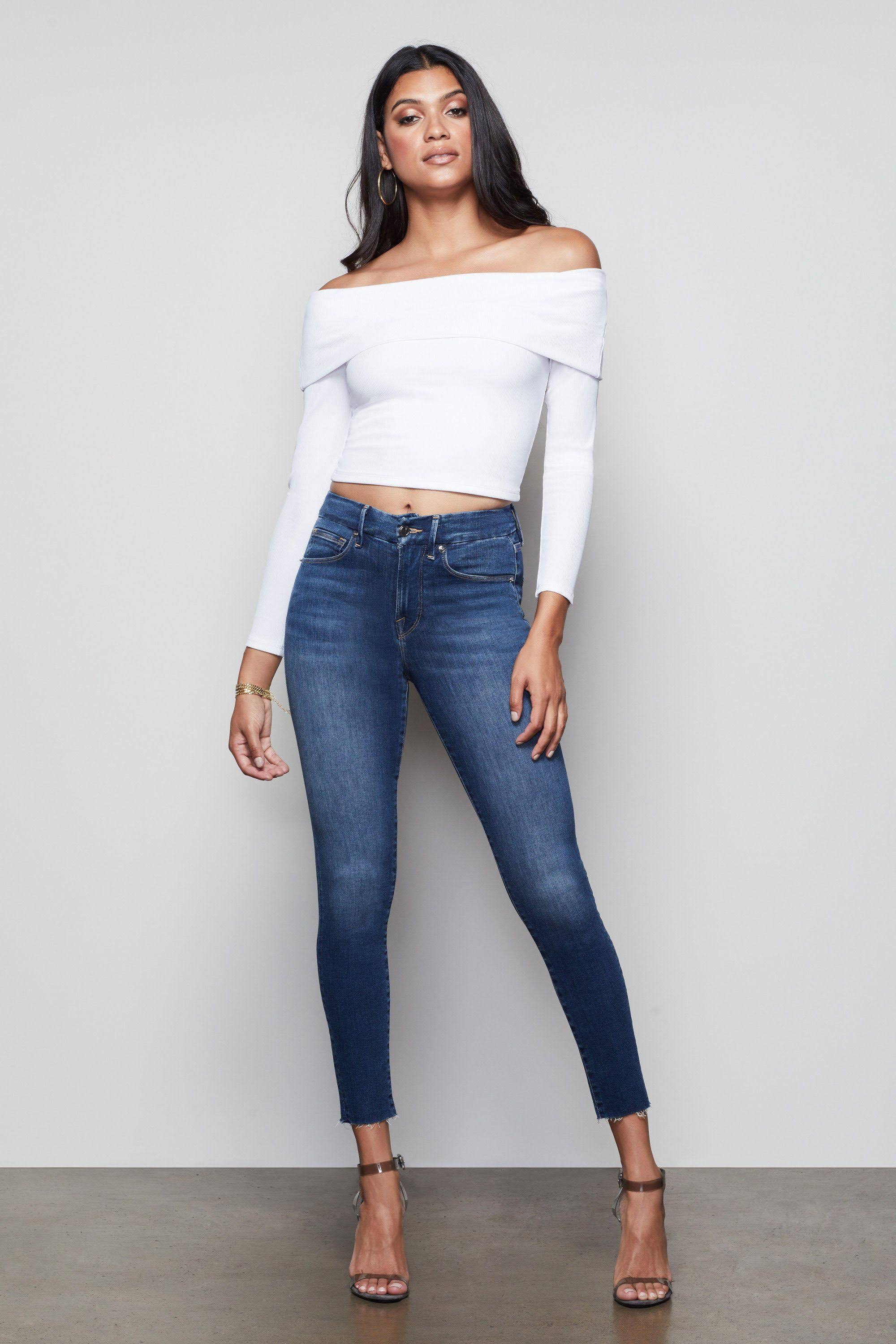 Good American Women's Good Waist Crop Raw Edge Jeans