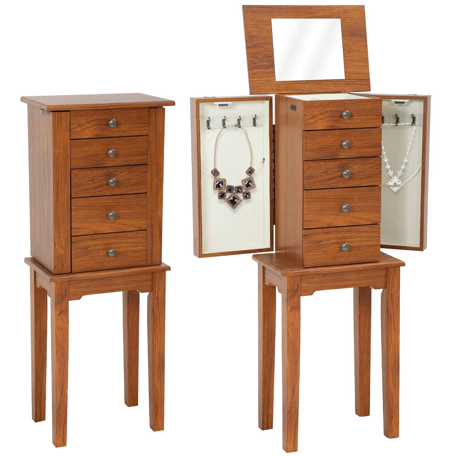 Standing Jewelry Cabinet Armoire 5 Drawers 2 Side Doors and 8 Necklace Hooks Wood Storage Cabinet Chest with Top Storage Organiz