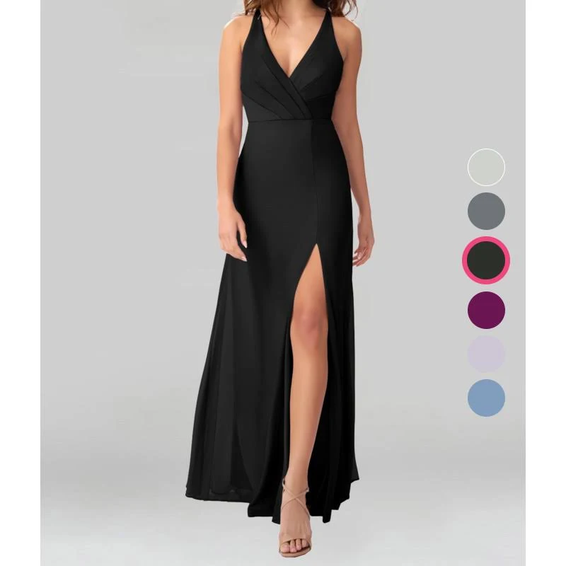 Azazie A-Line/Princess V-Neck Floor-Length Mesh Bridesmaid Dresses - Black