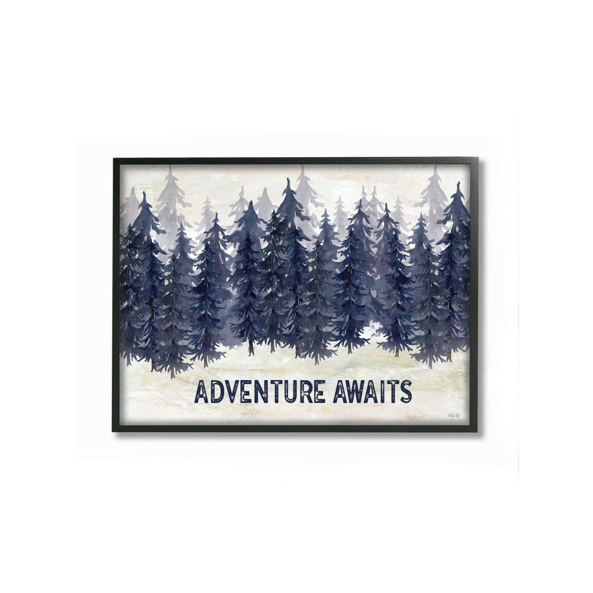 Stupell Industries Adventure Awaits Quote Blue Pine Tree Forest Scene Framed Wall Art Design by Cindy Jacobs, 16 inch x 20 inch,