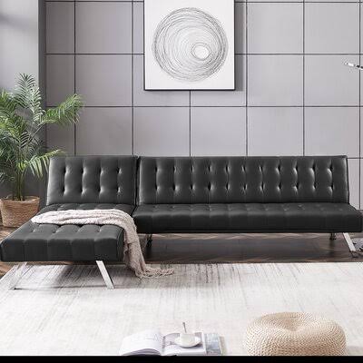 Annemone 100x22 Wide Faux Leather Reversible Sleeper Sofa u0026 Chaise Latitude Run Fabric: Black Faux Leather