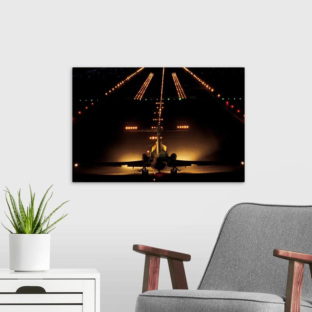 Great Big Canvas Airplane on Runway at Night Print Wall Art