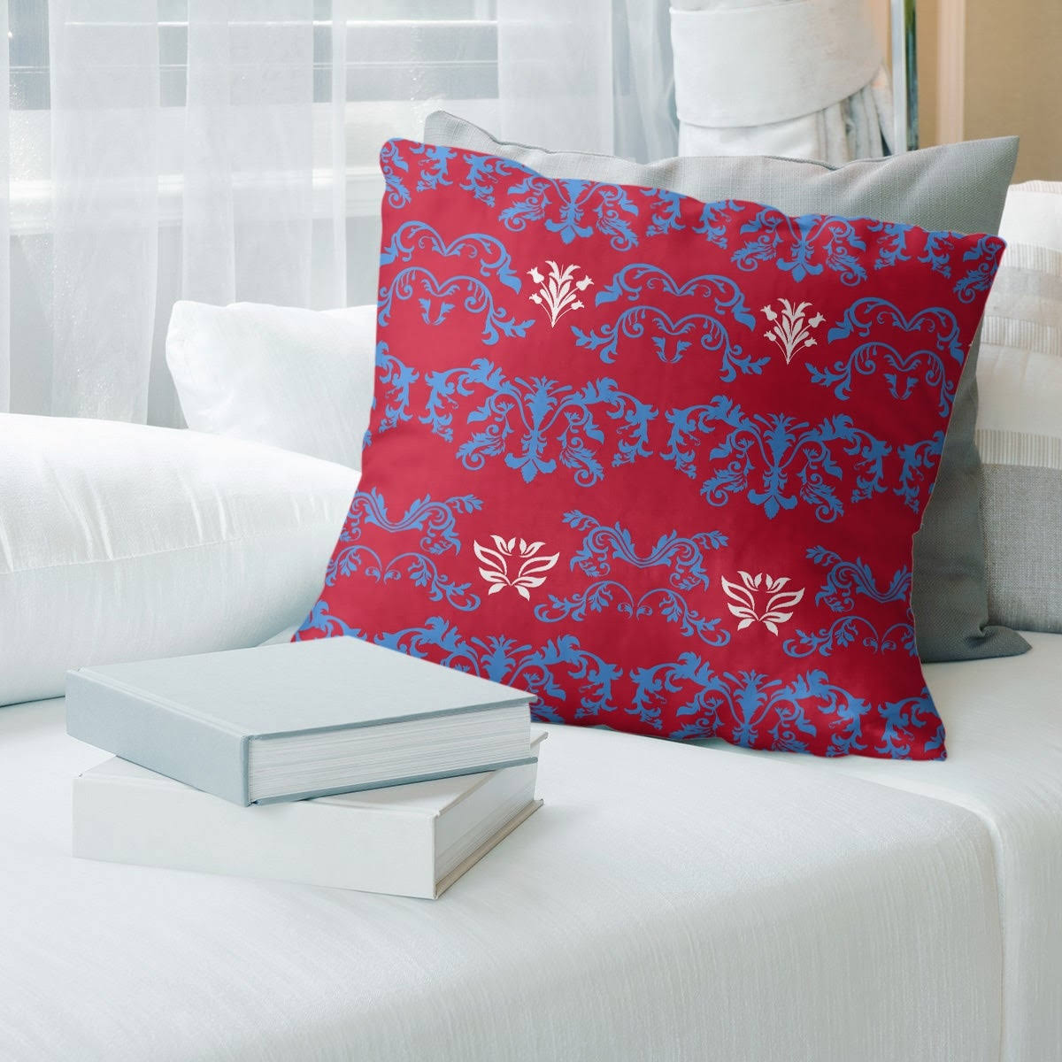 Houston Throwback Football Baroque Pattern Accent Pillow-Poly Twill - 18 x 18 - Light Blue/Red/White
