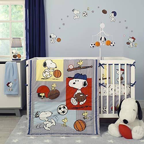 Bedtime Originals Snoopy Sports 3-Piece Crib Bedding Set - Blue, Red, Gray