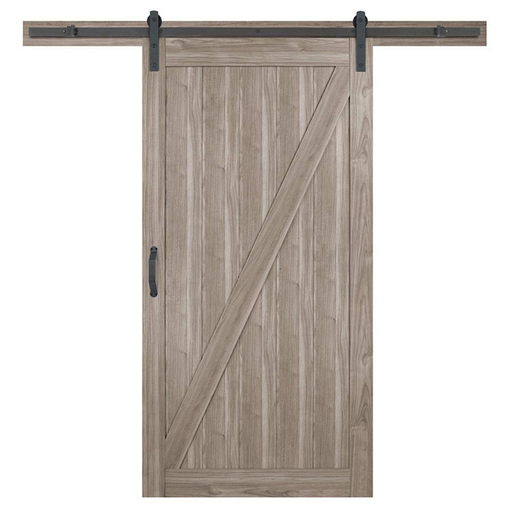 Masonite 42 in. x 84 in. Z-Bar Ash Gray Interior Sliding Barn Door Slab with Hardware Kit