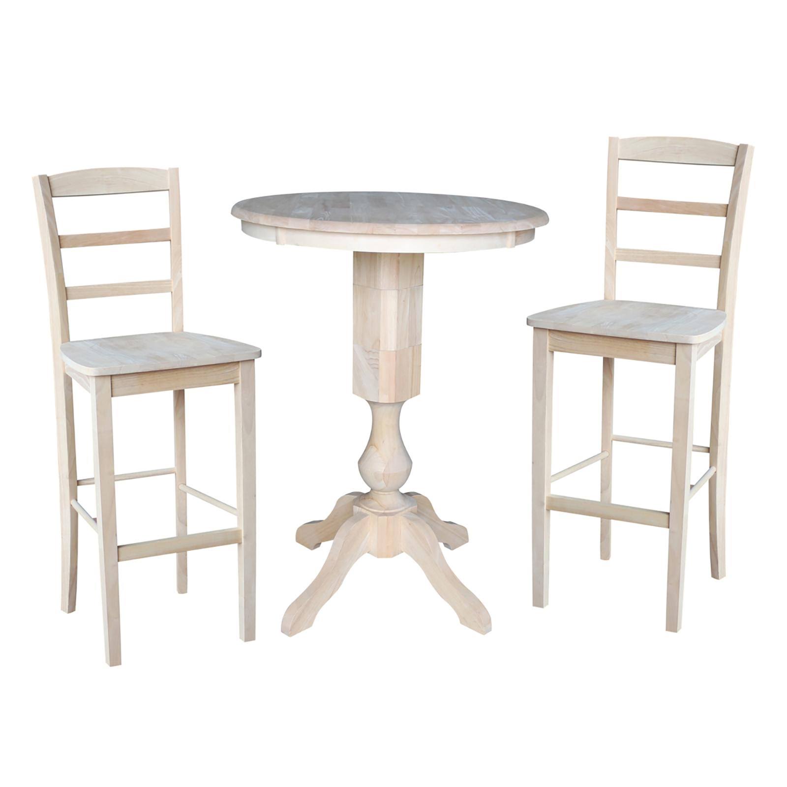 International Concepts 30x22 Round Pedestal Bar Height Table with 2 Madrid Bar Height Stools
