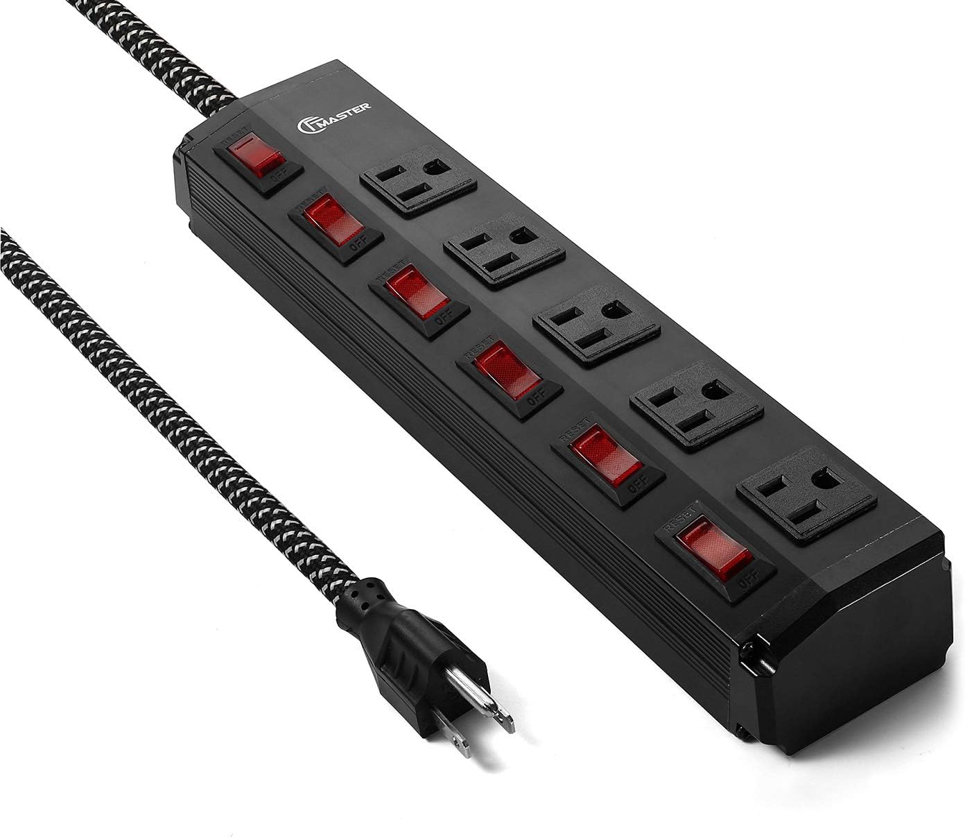 Power Strip Surge Protector with Individual Switches,5 Outlet Metal Power Strip with 6ft Long Extension Cord,15A/120V/1800W/300J,Black