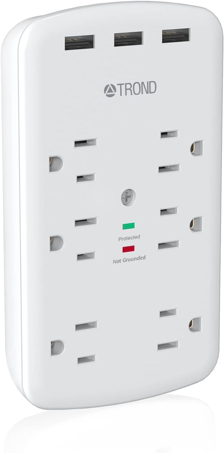 Multi Plug Outlet Extender with USB - TROND Wall Surge Protector, 6 Outlet Wall Plug with 3 USB Ports, 1280 Joules, Multiple Plug Outlet Adapter Splitter, for Kitchen, Home, Bathroom, Travel