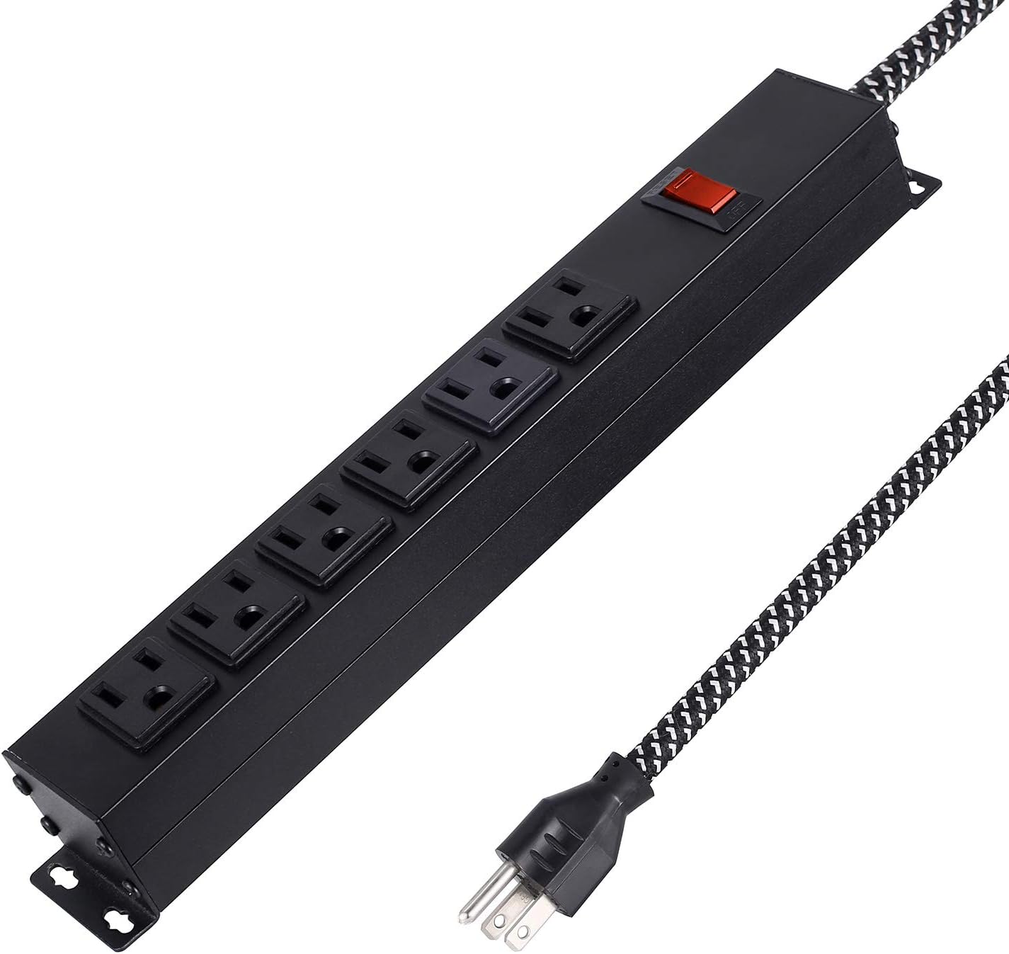 Metal 6 Outlet Black Surge Protector Power Strip Long Extension Cord 6 Feet with Switch,15 A /125 V /1875 W /300 Joule,Workshop Power Strip with Surge Protection