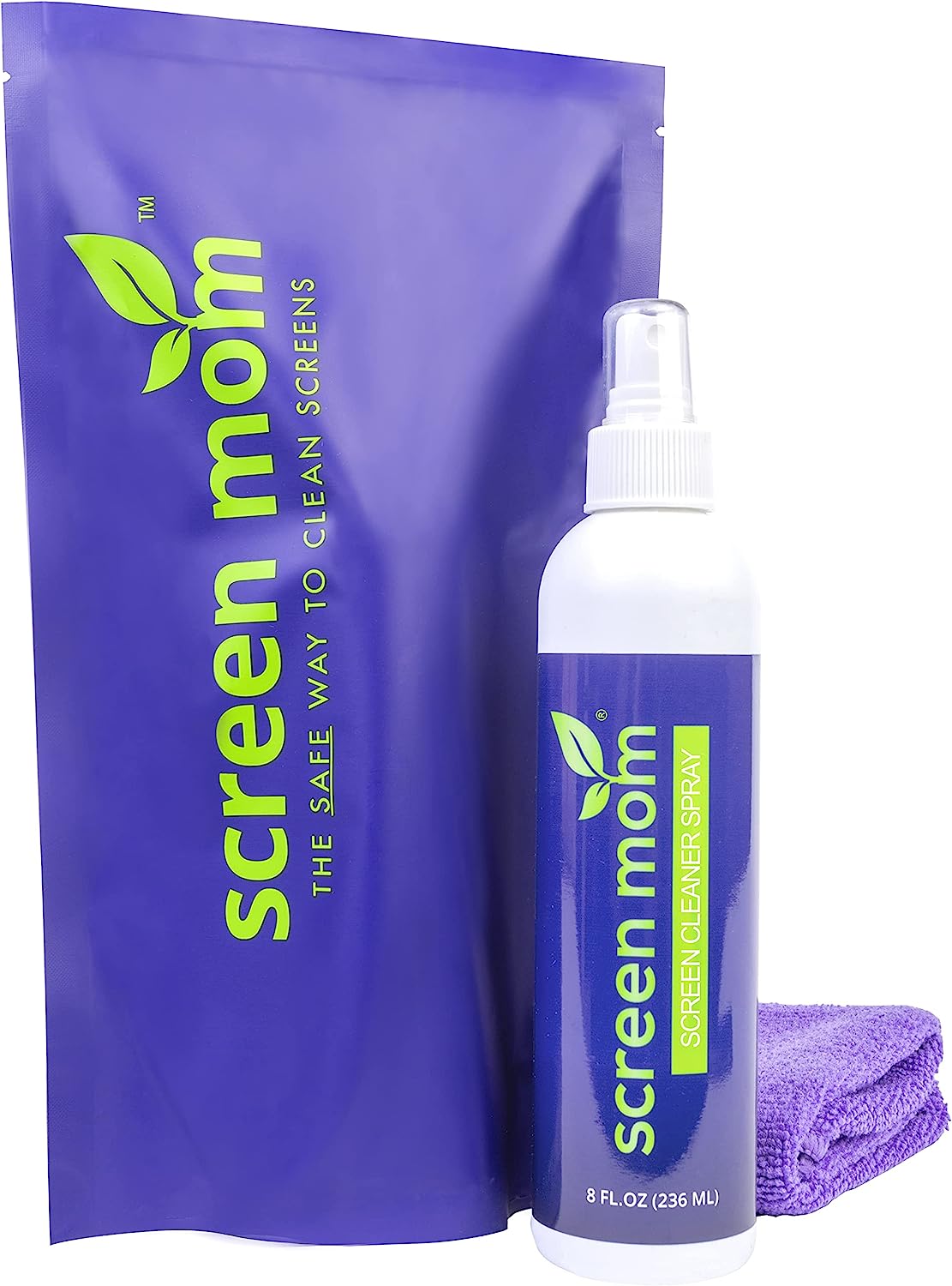 Screen Mom Screen Cleaner Kit for LED & LCD TV, Computer Monitor, Phone, Laptop, and iPad Screens – Includes 8oz Spray Bottle and Large Premium Microfiber Cloth