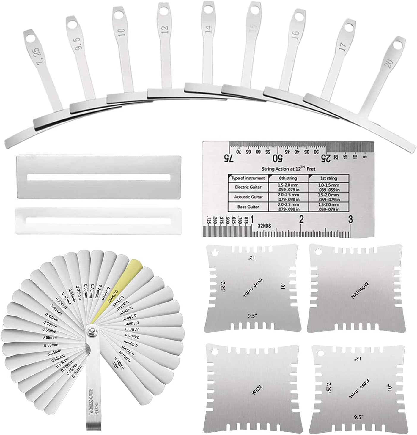 TIMESETL 17 Pcs Guitar Luthier Tools Including 4 Guitar Notched Radius Gauges, 9 Understring Radius Gauge Luthier Tools, 32 Blades Feeler Gauge, String Action Gauge Ruler and 2 Fingerboard Guards