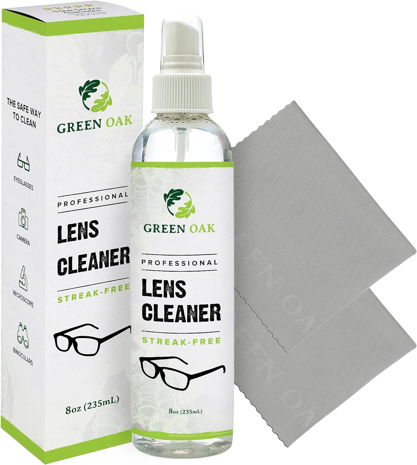 Lens Cleaner Spray Kit – Green Oak Professional Lens Cleaner Spray with Microfiber Cloths – Best for Eyeglasses, Cameras, and Lenses - Safely Cleans Fingerprints, Dust, Oil (8oz)