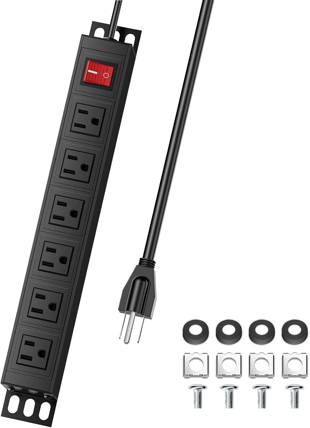 6 Outlets Wall Mount Power Strip, Metal Rack Mount Power Outlet with 6 FT Long Extension Cord, Heavy Duty Power Strip Surge Protection for Workshop Commercial Garage, 15A/125V/1875W, Black