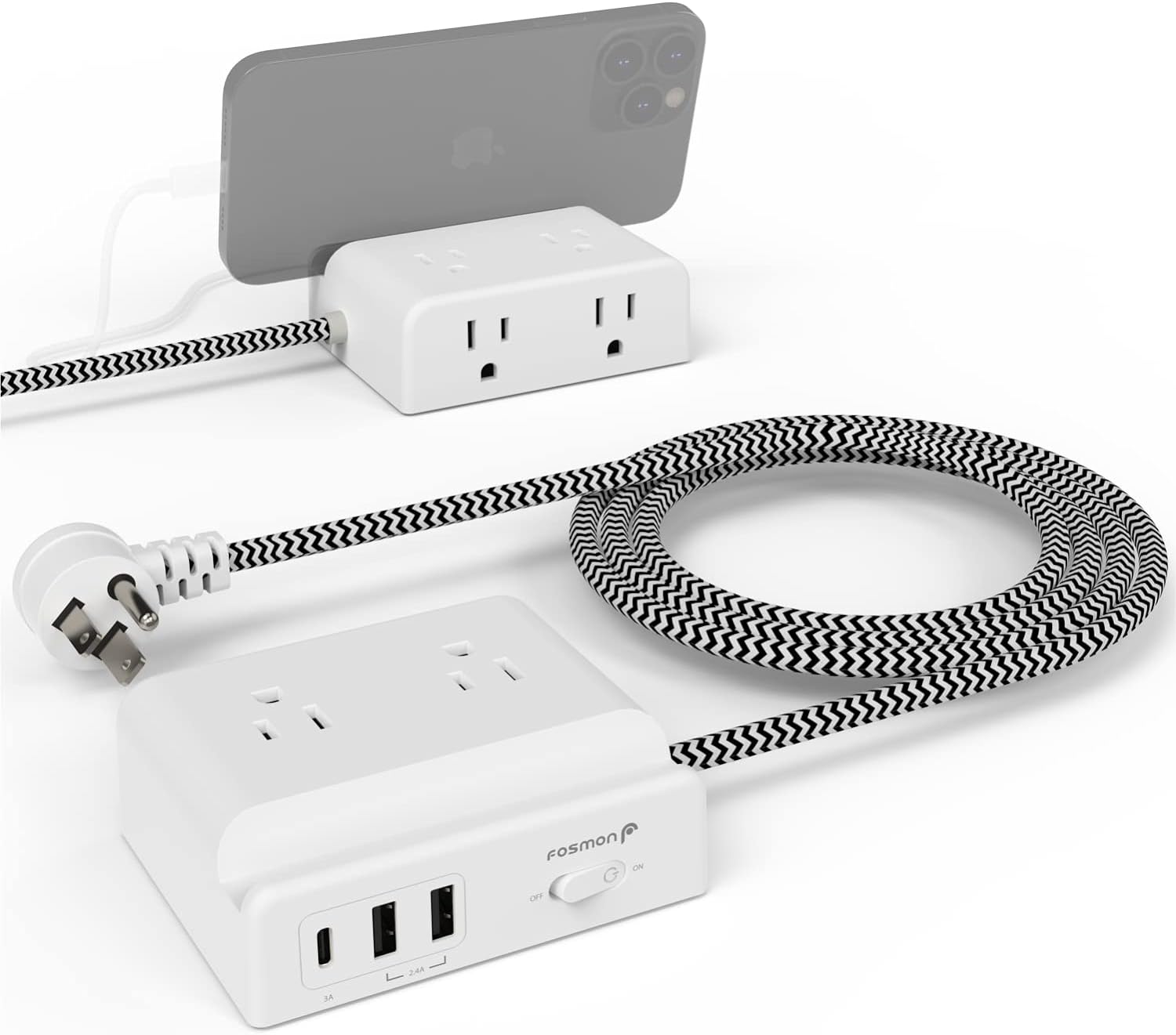 Fosmon Desktop Power Strip with USB C, 5 ft Braided Extension Cord Flat Plug with 4 Outlets with 3 USB Ports, Desk Charging Station, Mountable, Non Surge Protector for Travel, Cruise Ship, ETL Listed