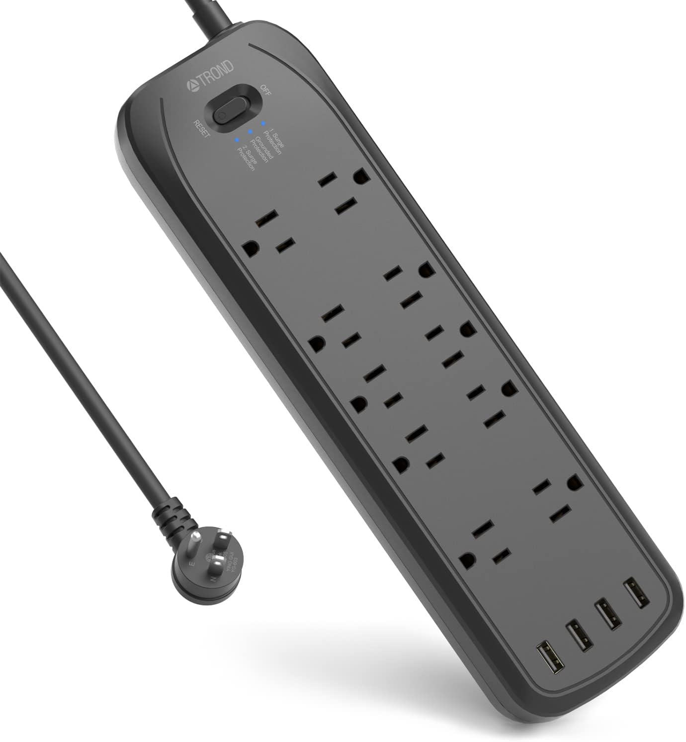 TROND Power Strip Surge Protector, (2× 4000 Joules) 10 Outlets & 4 USB Charging Ports, 6ft Long Extension Cord, Flat Plug, Wall Mountable, Dual Surge Protection for Kitchen Home Desk, ETL Listed