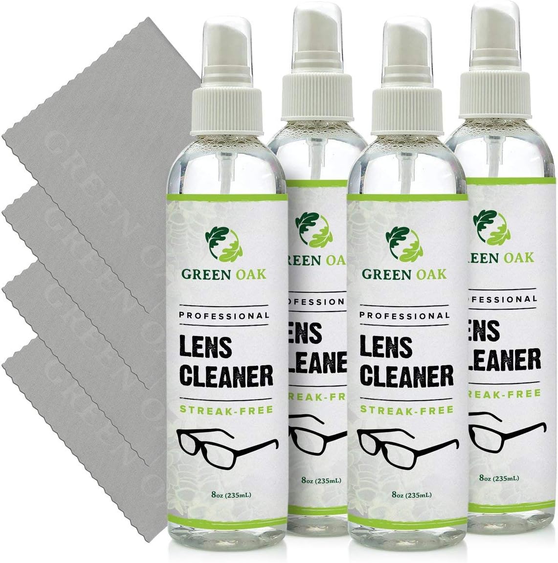 Lens Cleaner Spray Kit – Green Oak Professional Lens Cleaner Spray with Microfiber Cloths – Best for Eyeglasses, Cameras, and Lenses - Safely Cleans Fingerprints, Dust, Oil (8oz 4-Pack)
