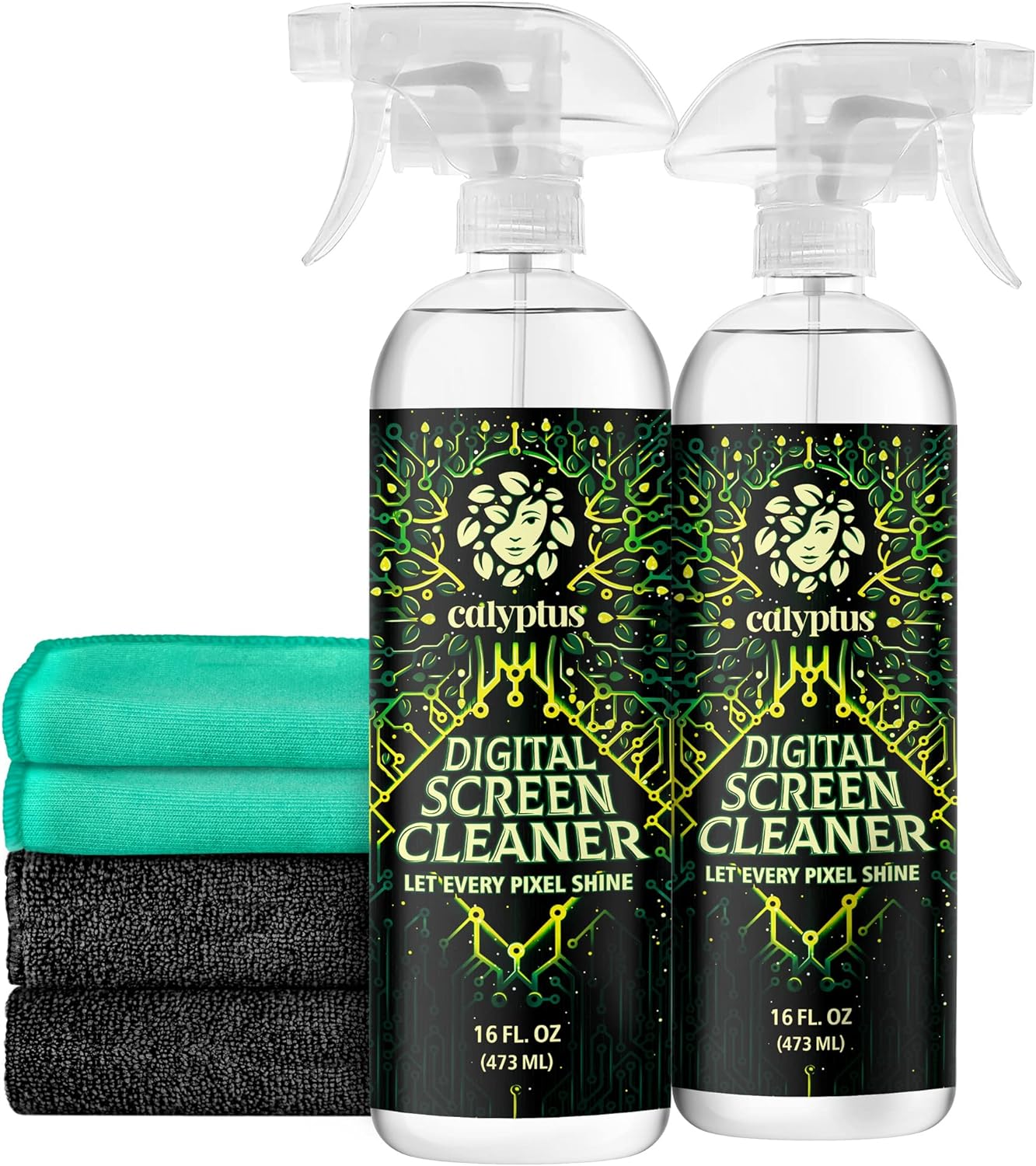 Calyptus Screen Cleaner Spray and Pixel Shining Screen Cloths Kit | Plant Based Power | USA Made | iPad, TV, Tablet, Computer, Monitor Cleaning, 16 Ounces + 2 Microfiber (Pack of 2)