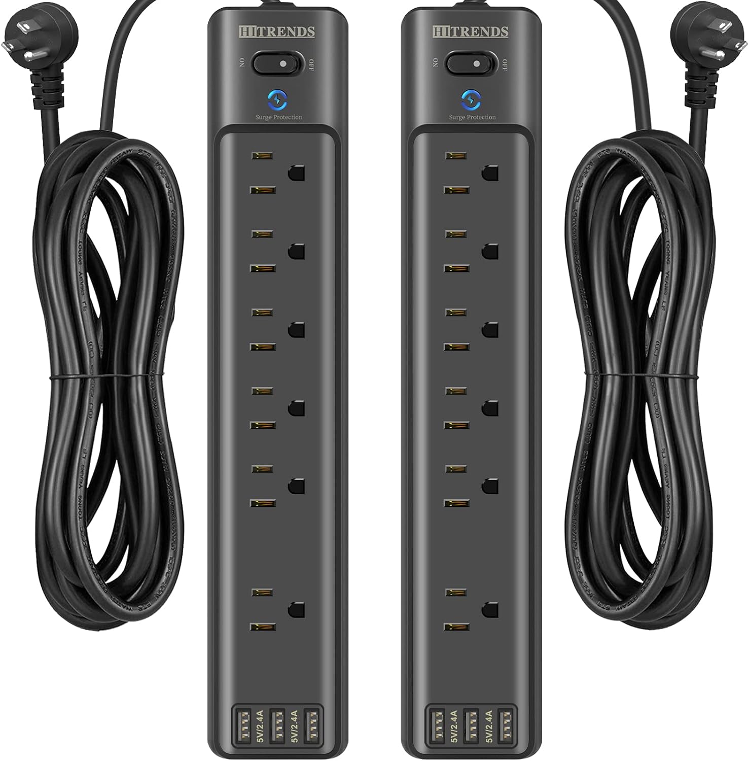 Power Strip, HITRENDS Surge Protector with 6 AC Outlets & 3 USB Charging Ports - 2 Pack, 5 Feet Heavy Duty Extension Cord, 1875W/15A Multiplug for Home Office & Multiple USB Devices - Black