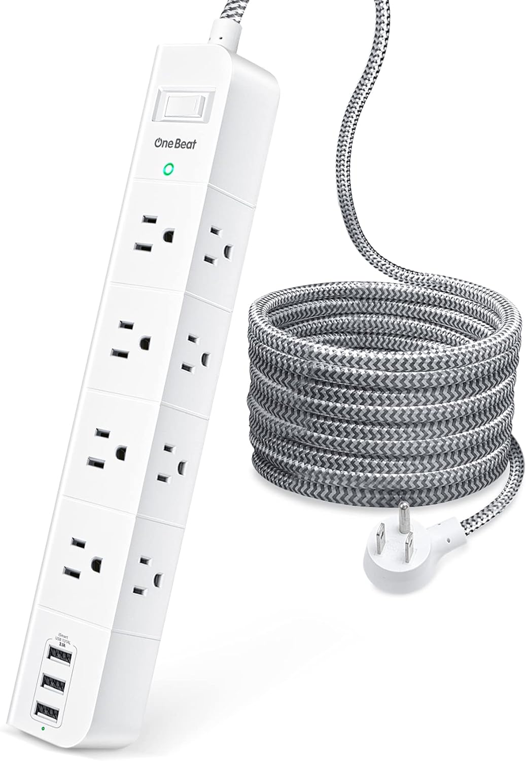 Power Strip Surge Protector - 8 Widely AC Outlets 3 USB, 5 ft Extension Cord, Flat Plug, Desktop Charging Station with Overload Protection, Wall Mount for Home, Office, Travel, Computer ETL Listed