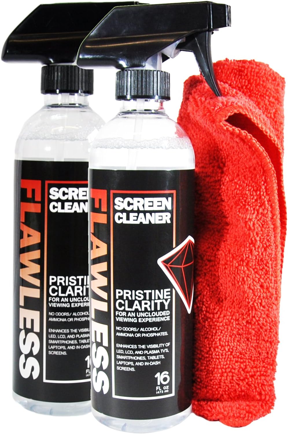 Flawless Screen Cleaner Spray with Microfiber Cleaning Cloth for LCD, LED Displays on Computer, TV, iPad, Tablet, Phone, and More (16oz 2 Pack)