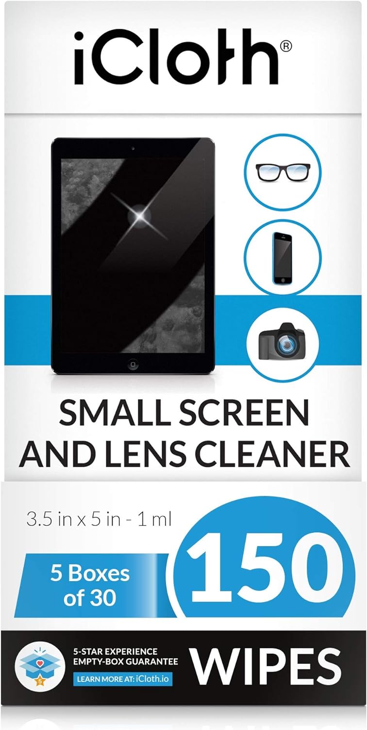 iCloth Lens and Screen Cleaner Pro-Grade Individually Wrapped Wet Wipes, Wipes for Cleaning Small Electronic Devices Like Smartphones and Tablets Box of 150