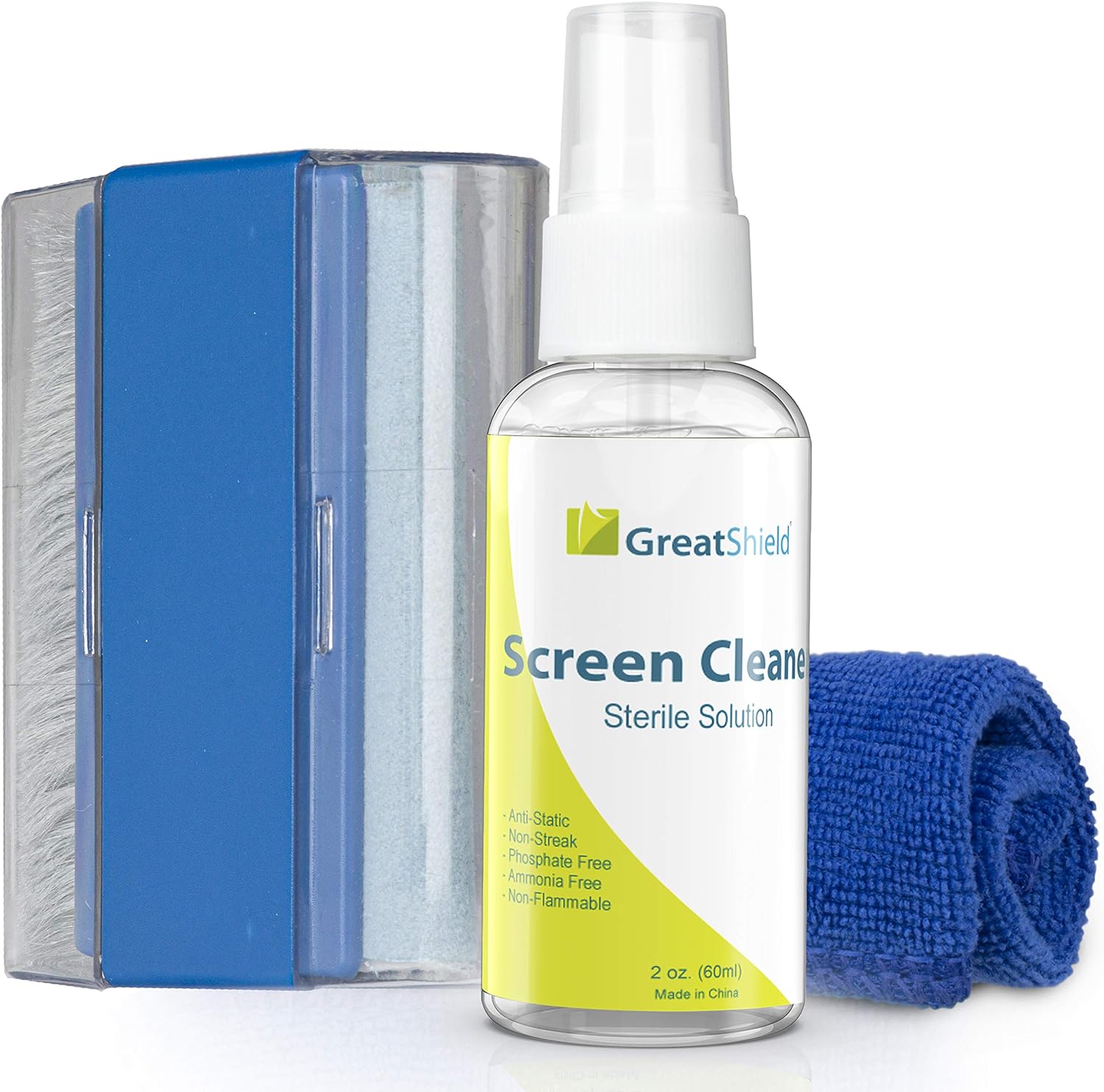 GreatShield Universal Screen Cleaning Kit, Microfiber Cloth + 2 Sided Brush + Non-Streak Solution Spray [for TV, Laptops, PC Monitors, Smartphones, Tablets, Camera, Keyboard and Other Electronics]