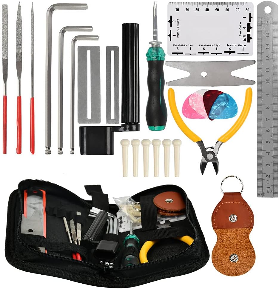 TIMESETL 26 Pcs Guitar Repairing Tool Kit with Wire Plier, String Organizer, Fingerboard Protector, Hex Wrenches, Files, String Action Ruler, Spanner Wrench, Bridge Pins for Guitar Ukulele Bass Mandol