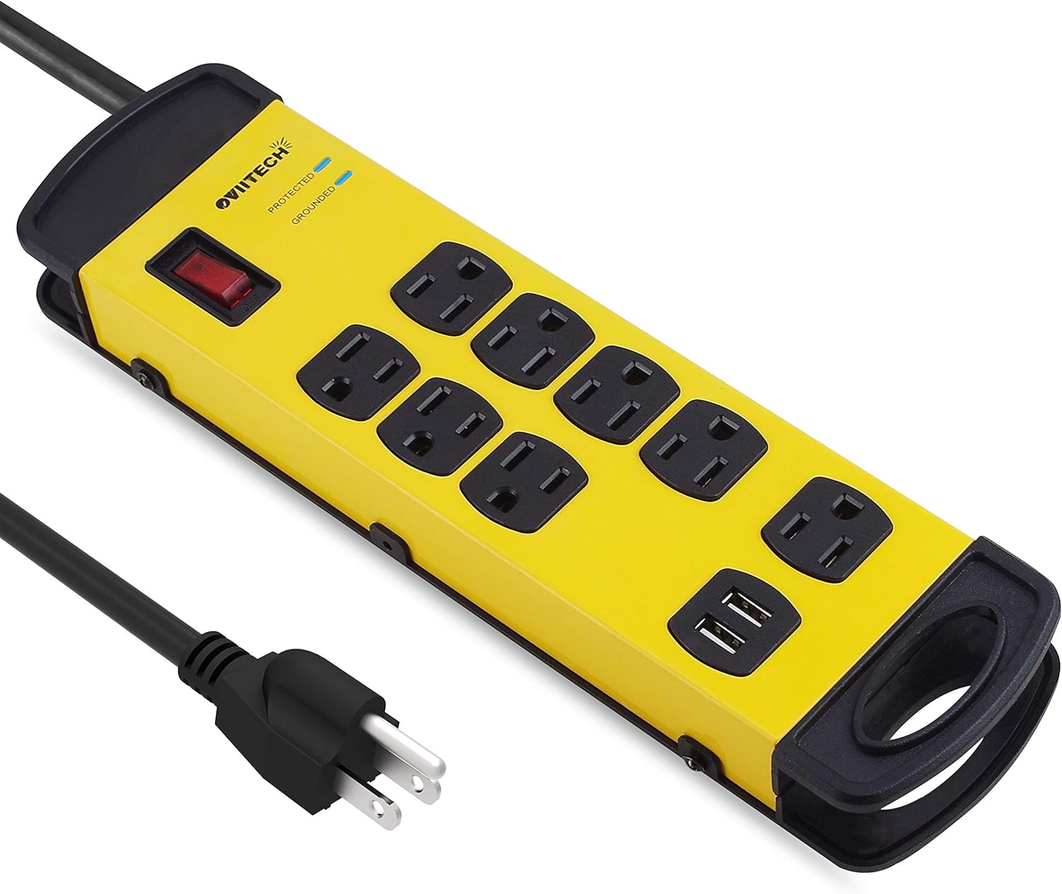 Oviitech 8 Outlets Mountable Heavy Duty Surge Protector Metal Power Strip with 2 USB Charging Ports(2.4A),1800 Joules with 6 Foot Long Extension Cord, Yellow&Black,ETL Listed