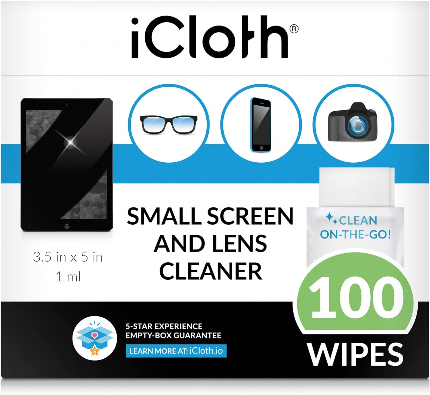 iCloth Lens Cleaning Wipes [5 x 3.5 Inches - 100 Wipes] Safe for All Screens, Electronics & Glasses. Streak & Lint Free, Individually Wrapped, 1 Wipe Can Clean Camera, Smartphone, and Pair of Glasses