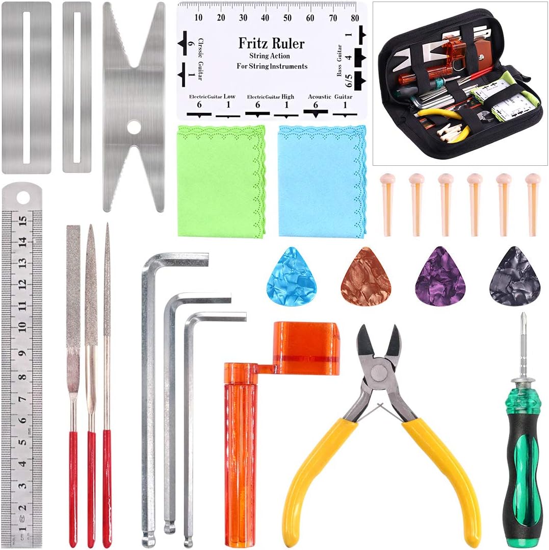 Glarks 28Pcs Guitar Maintenance and Repair Kit Including Fingerboard Protector, Hex Wrenches, Files, String Ruler Action Ruler, Spanner Wrench, Bridge Pins for Acoustic Electric Guitar & Bass Ukulele