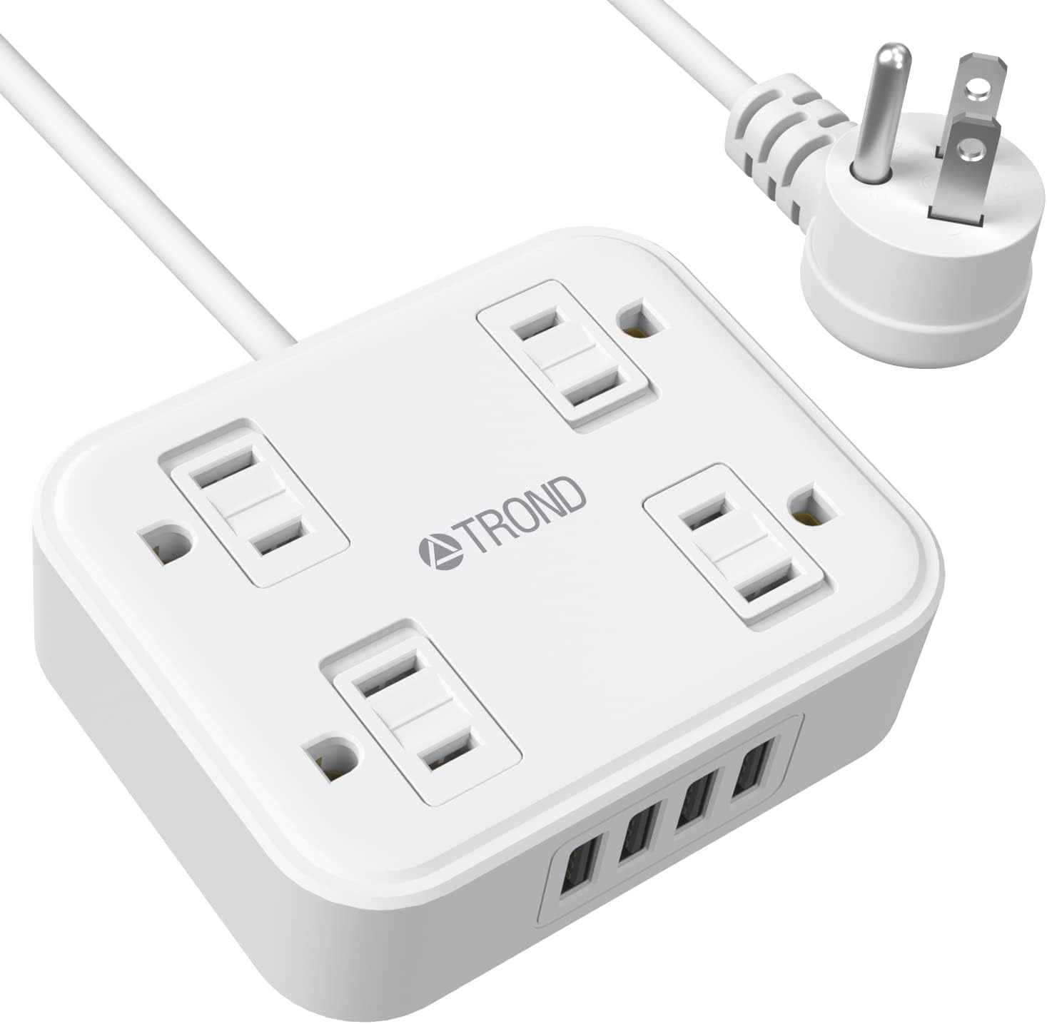 Power Strip with USB, TROND Flat Plug Extension Cord with 4 Child Safety Slide Outlet Covers, 4 USB Charging Ports, Wall Mountable, 5ft Cord, Compact for Desktop, Home, Office, Travel, Cruise, White