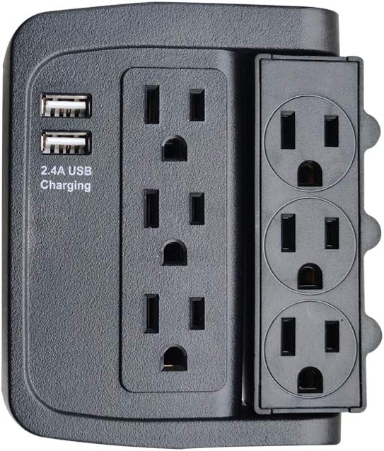 ECOPlugs 6 Outlet Swivel Wall Adapter, Swivel Outlet with USB Ports, Swivel Wall Tap Adapter Black