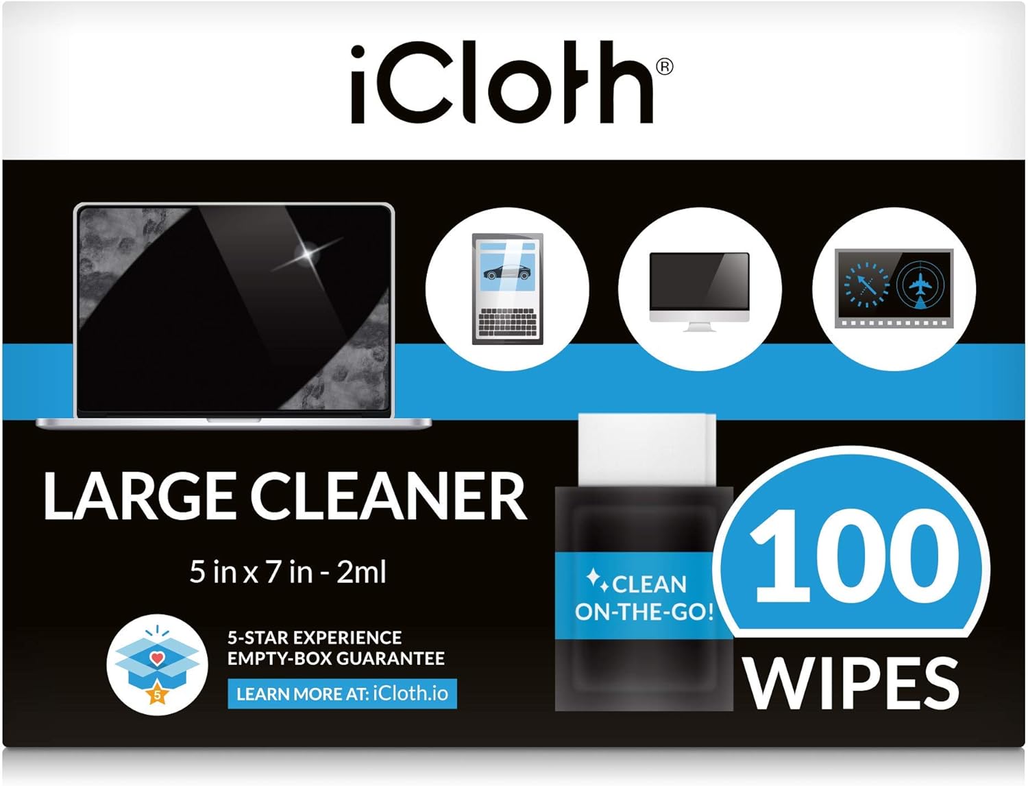 iCloth Screen Cleaning Wipes [7.2 x 5 Inches - 100 Wipes] Safe for All Screens and Glasses, Pro-Grade, Individually Wrapped, 1 Screen Cleaner Wipe Can Clean A LCD Monitor, Laptop, Or Flat Screen HDTV