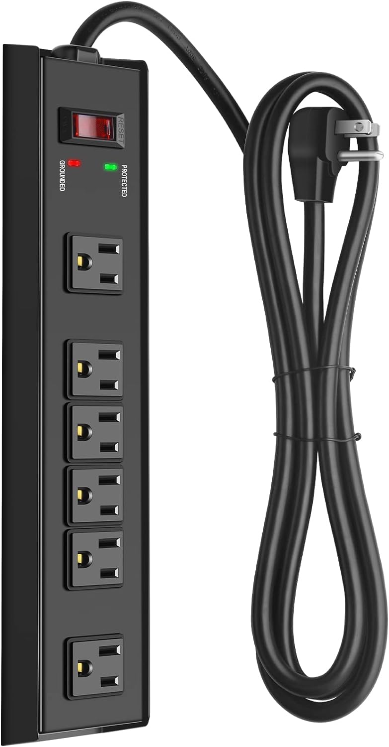 HHSOET Metal Wall Mountable Surge Protector Power Strip 1500 Joules, 6 Outlet Long Wide Spaced Extension Cord Strip, Garage Grounded Socket with 6 FT 90 Degrees Flat Plug.