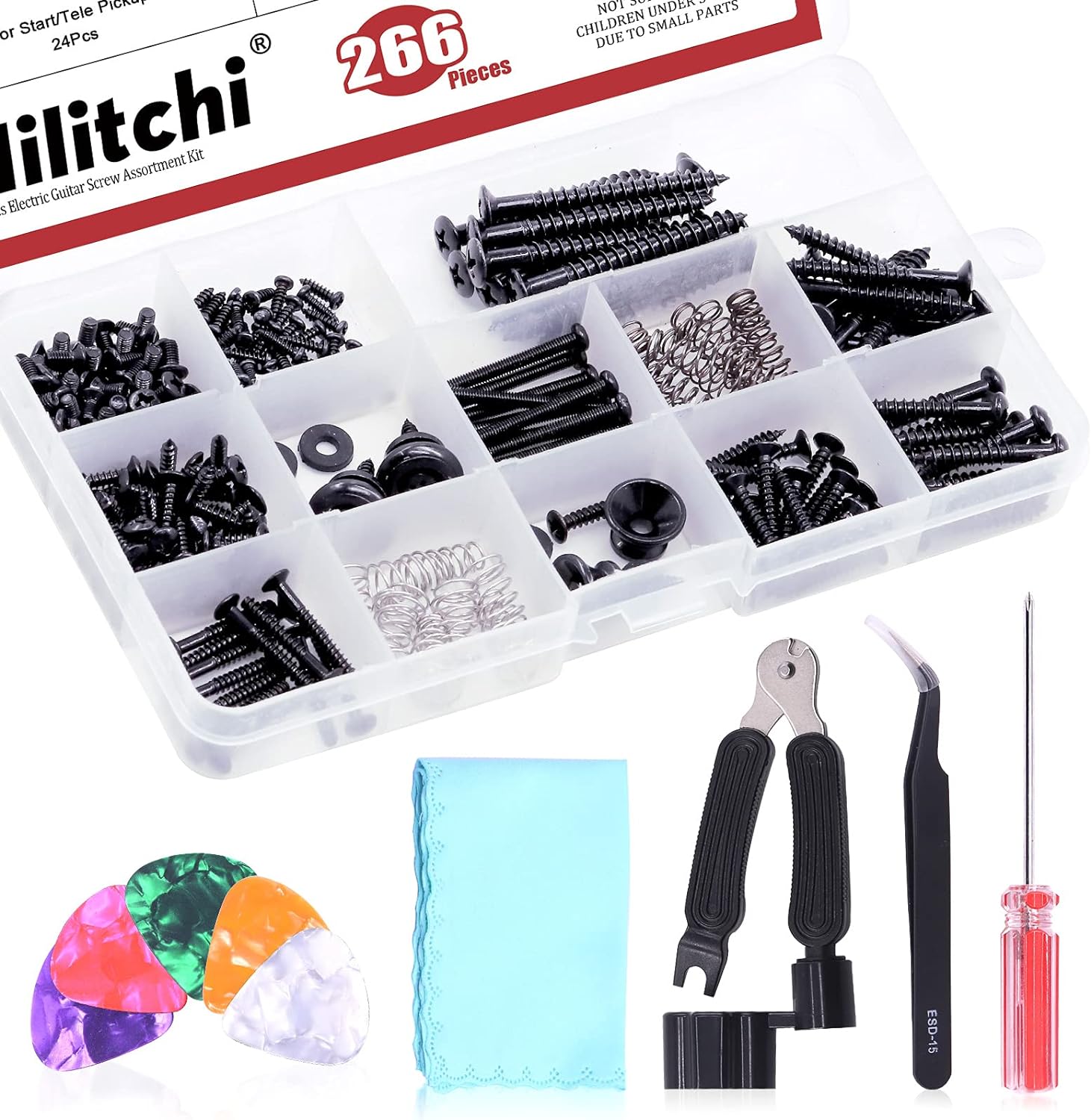 Hilitchi 263Pcs Guitar Repairing Tool Kit with Electric Black Guitar Screw Kit 3 in 1 Guitar String Winder Tool String Cutter Bridge Pin Puller, A Tweezers Screwdriver Guitar Picks Wiping Cloth
